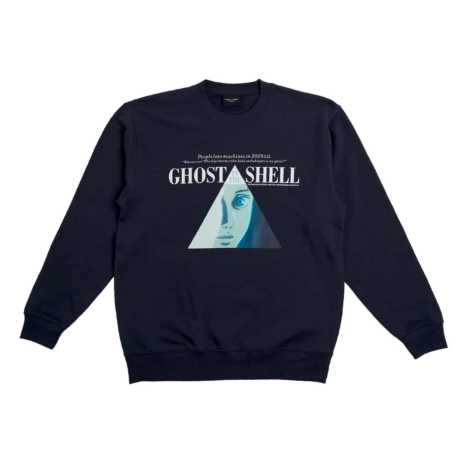 Flat-lay navy sweatshirt showing a centered "GHOST IN THE SHELL" text and a triangular face graphic.