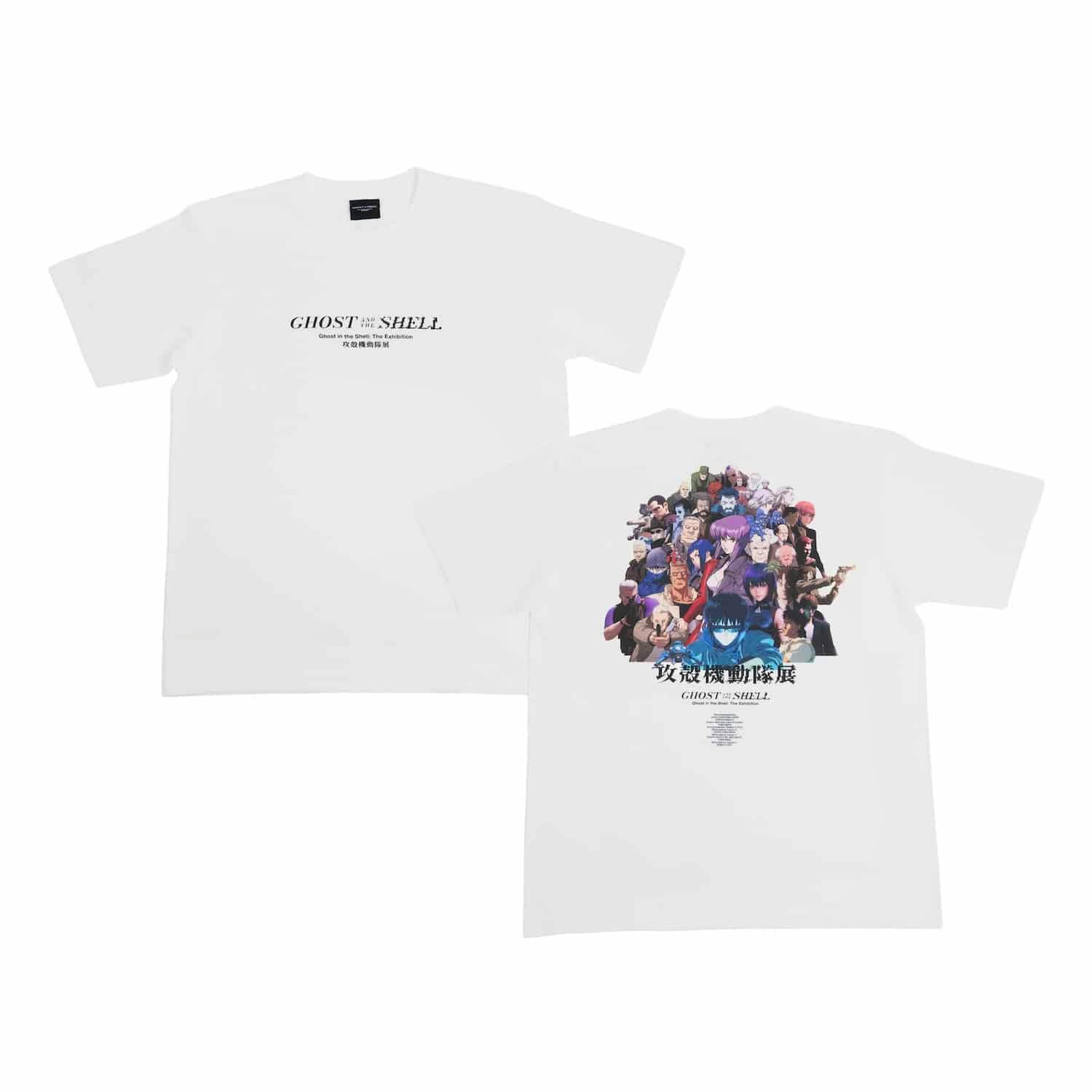 White cotton T‑shirt shown front and back with small "GHOST IN THE SHELL" text on the front and a colorful character collage print on the back.