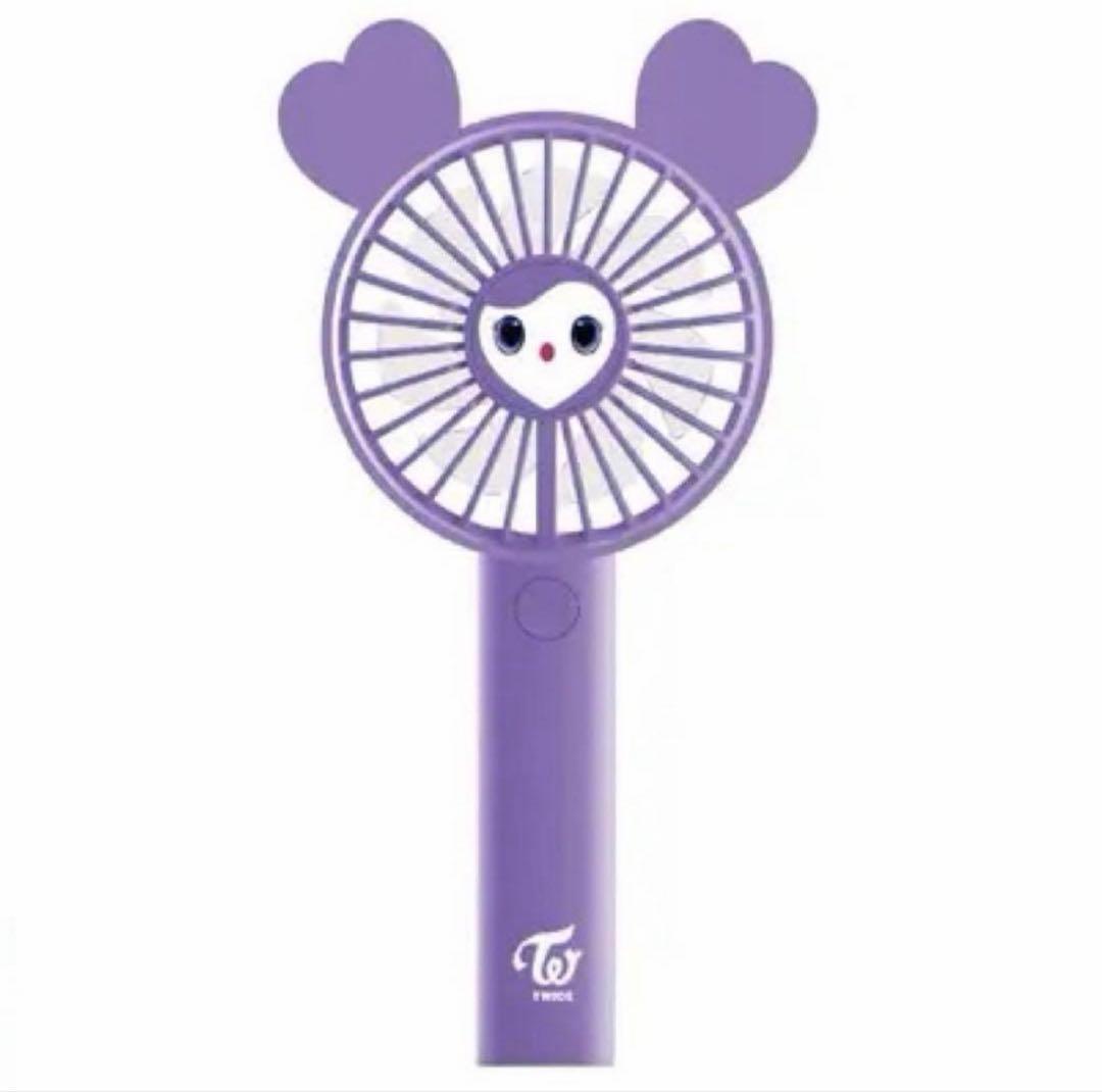 Purple handheld fan with heart-shaped ears, an owl-face center, and a TW logo on the handle.
