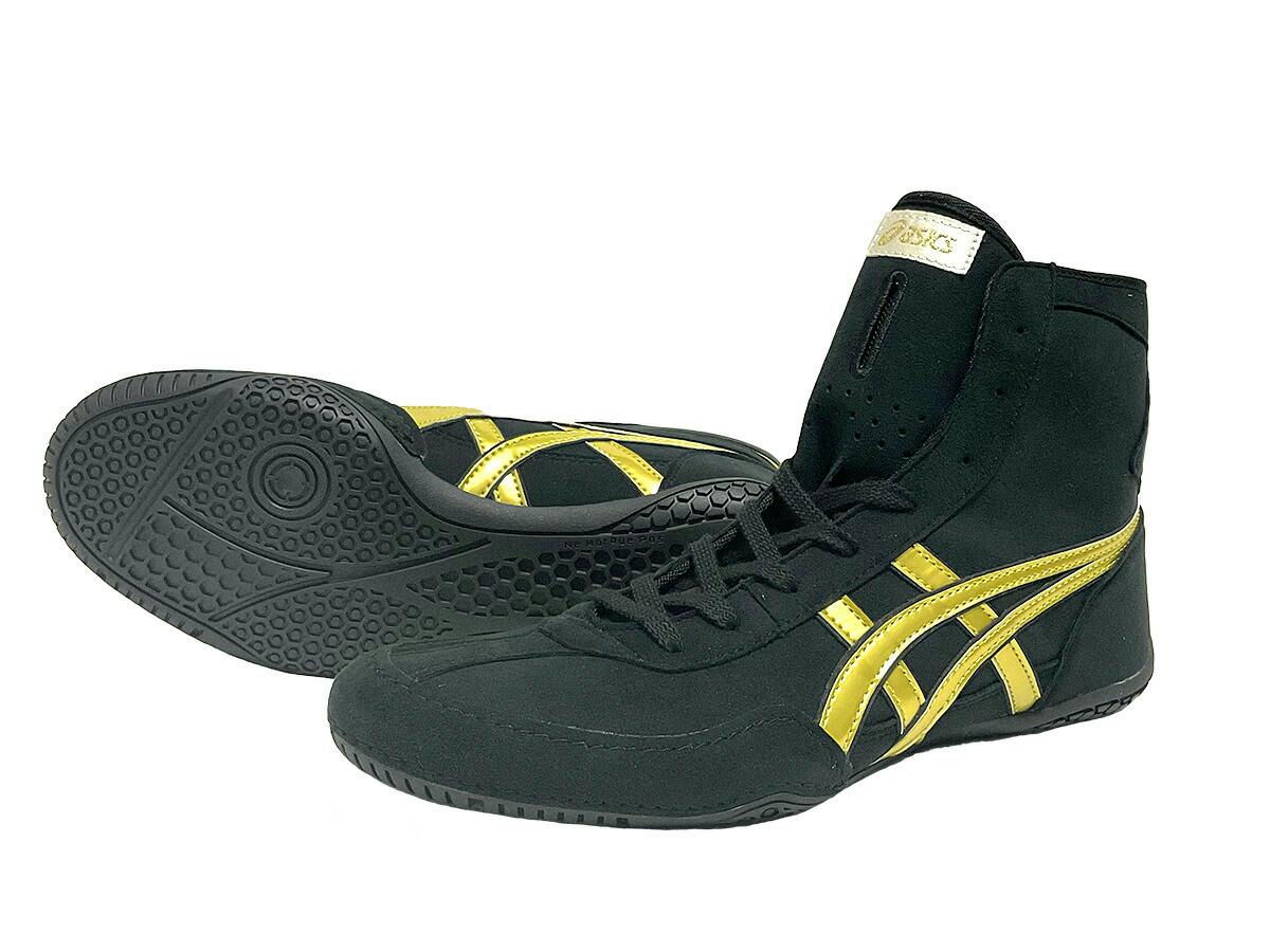 Black leather high-top boots with gold stripe detailing shown on a white background.