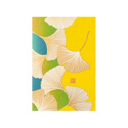 Postcard with a yellow background featuring stylized ginkgo (いちょう) leaves.