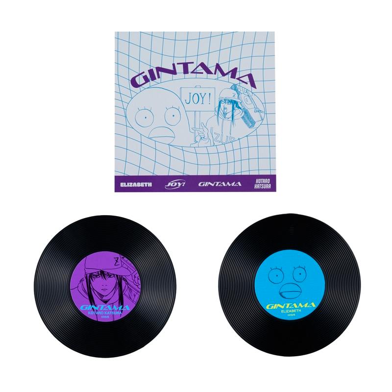 Two record-style plastic coasters with purple and blue character center labels and a square illustrated Gintama backing card above them.