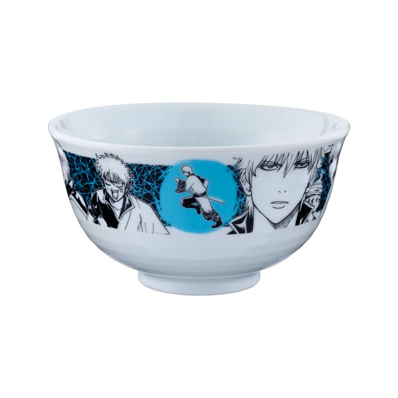 White porcelain donburi bowl with black-and-blue printed manga-style illustrations of Sakata Gintoki and Hijikata Toshiro around the exterior.