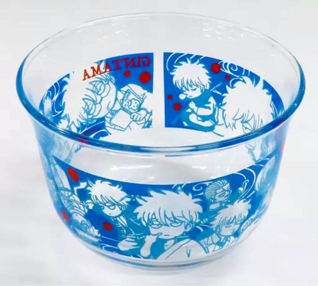 Clear glass small bowl printed with blue stylized Gintama character illustrations (Sakata Gintoki) around the exterior.