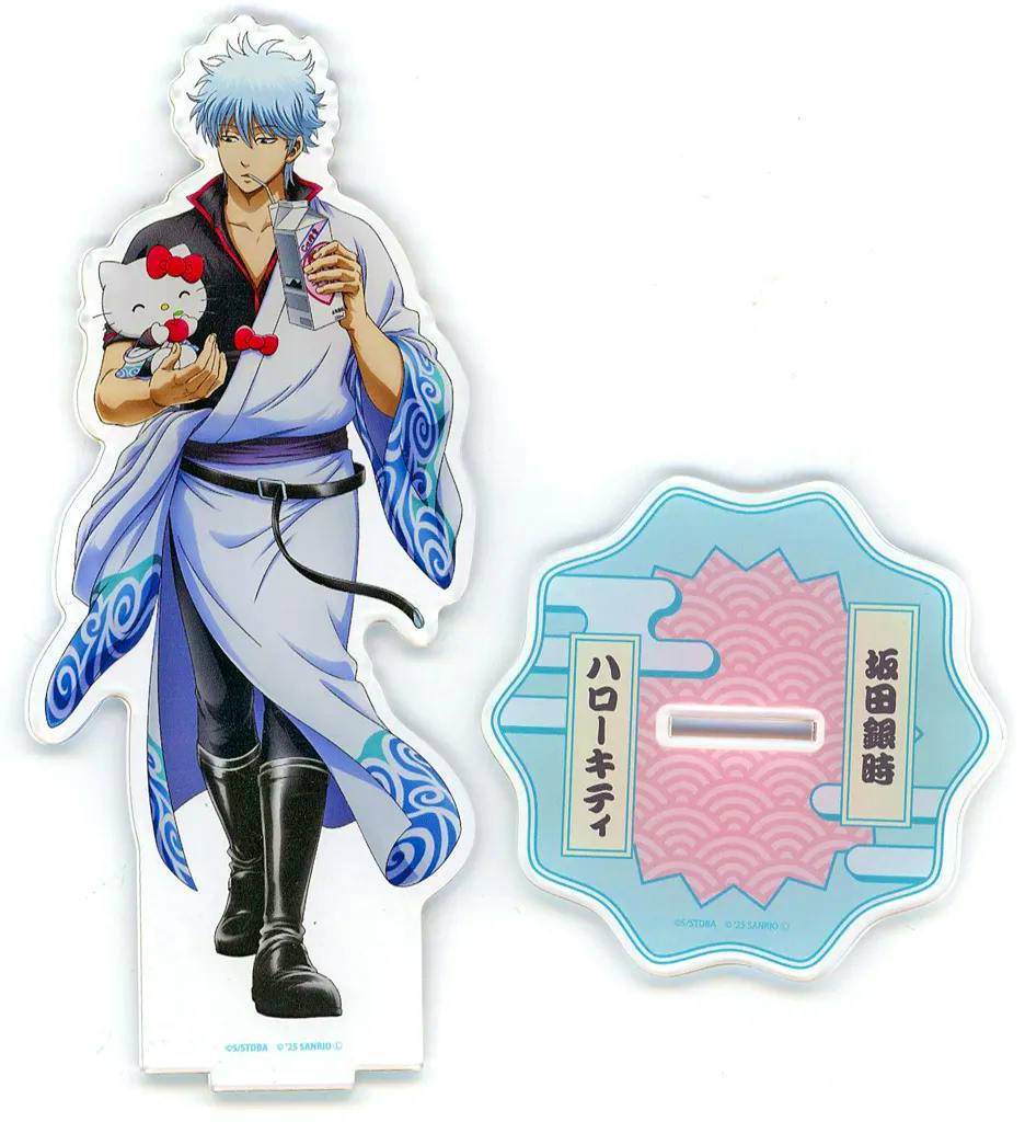 Acrylic display stand of Sakata Gintoki holding Hello Kitty, shown alongside its decorative slot-in base.