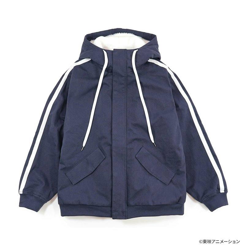 Front view of a navy hooded jacket with white sleeve stripes, long white drawstrings, and two front flap pockets.