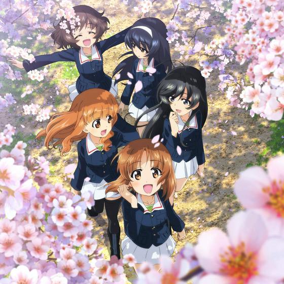 LP-size cover illustration for the Girls & Panzer CD showing five schoolgirls in uniforms walking beneath cherry blossom trees.