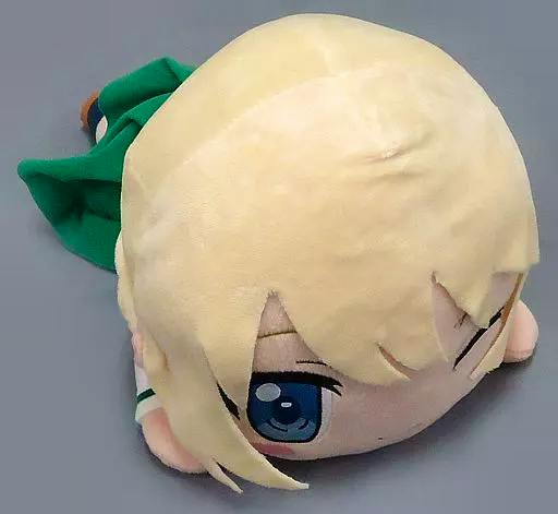 A mega jumbo lying-down plush of Darjeeling from Girls & Panzer showing her blonde hair, blue eye, and green outfit.