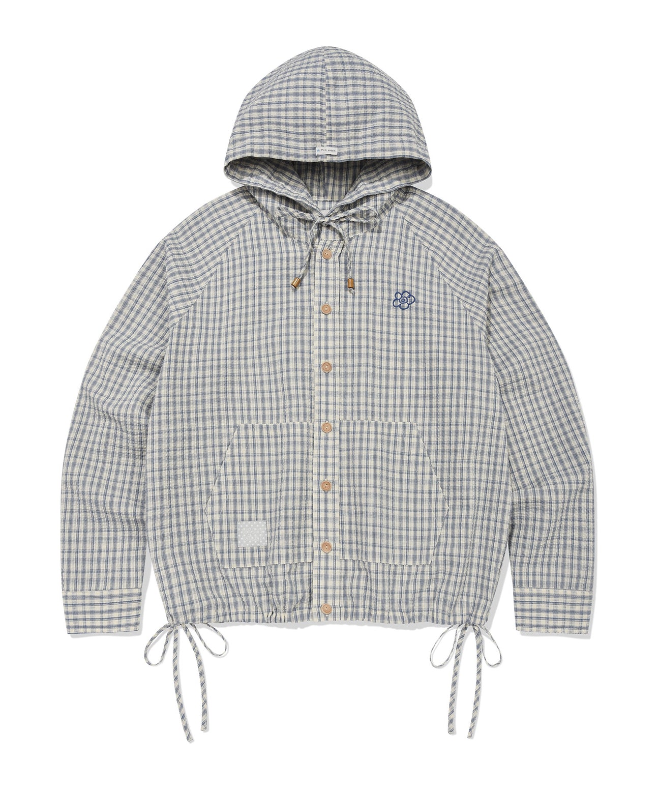 Women's check seersucker hooded shirt jumper laid flat on a white background, showing front buttons, a kangaroo pocket, drawstrings, and a small chest embroidery.