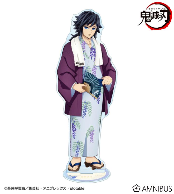 Full acrylic decorative stand of 冨岡義勇 (Giyu Tomioka) wearing an onsen yukata and holding a fan, shown full-length on its round base.