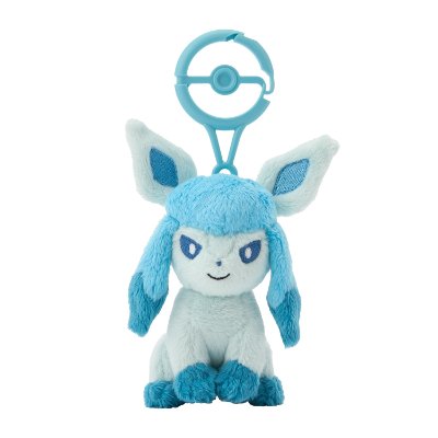 Glaceon plush mascot with a blue carabiner clip attached.