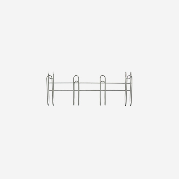 A metal glass holder with multiple U-shaped holders on a plain white background.