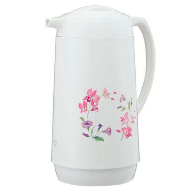 A white water boiler with a handle and a pink wreath-style floral pattern on the body.