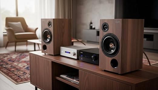 Pair of GlaXfi BSP-24 walnut-finish bookshelf speakers on a wooden media console alongside audio components.