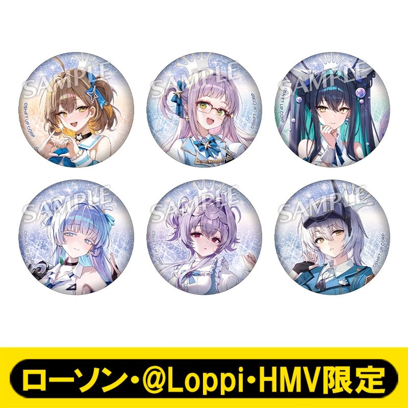 Six illustrated round glitter can badges arranged in two rows showing character artwork, with a yellow banner at the bottom noting Lawson・@Loppi・HMV limited.