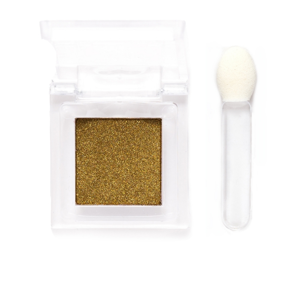Small clear square container of gold glitter powder for sealing stamps shown next to a sponge applicator on a white background.