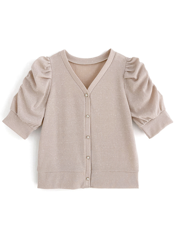 Flat-lay front view of the women's ribbed short-sleeve cardigan with V-neck and button closure.