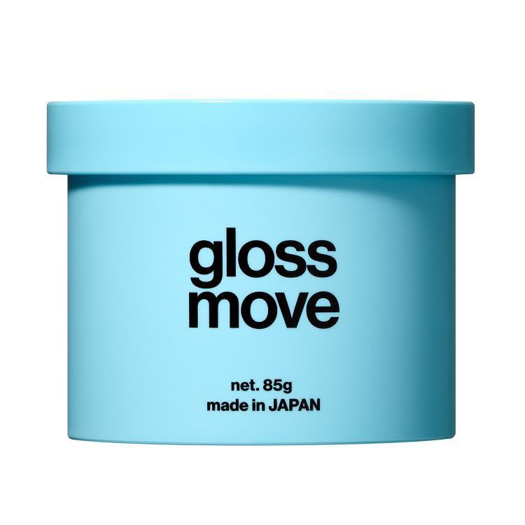 A light-blue Gloss Move hair wax jar with black "gloss move" text on the front.