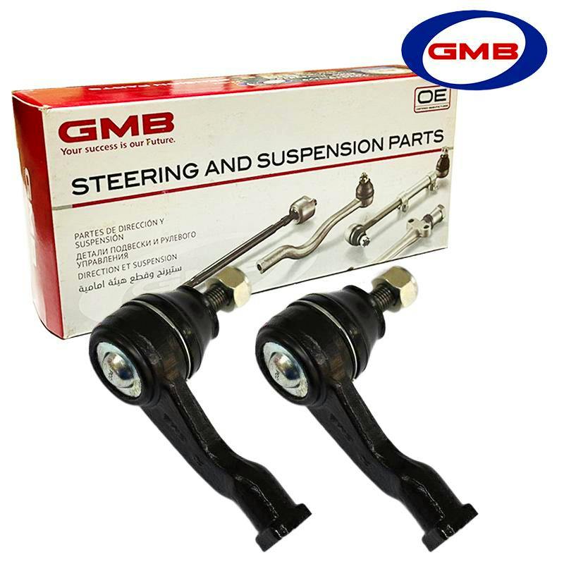 Pair of car tie rod ends displayed in front of a GMB steering and suspension parts box.