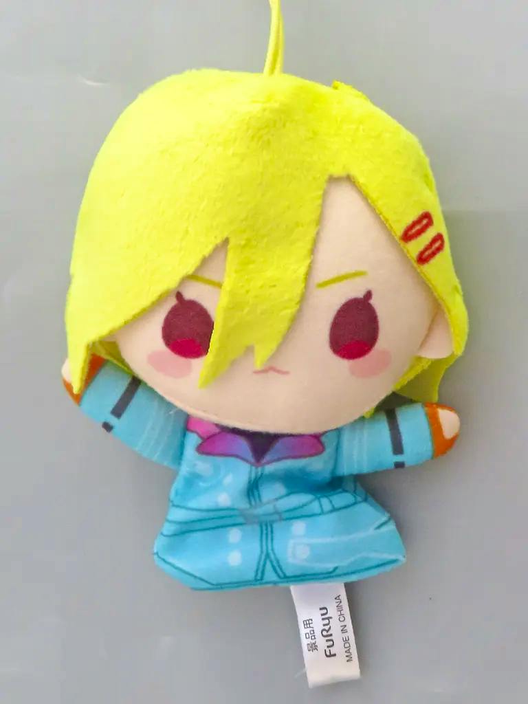 Front view of a small yellow‑haired plush mascot finger puppet wearing a blue outfit.