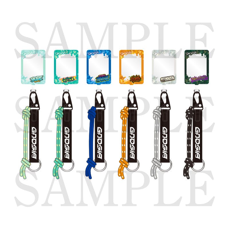 Illustration showing all six Gnosia smartphone straps with metal rings and matching rectangular decorative frames in different colors.