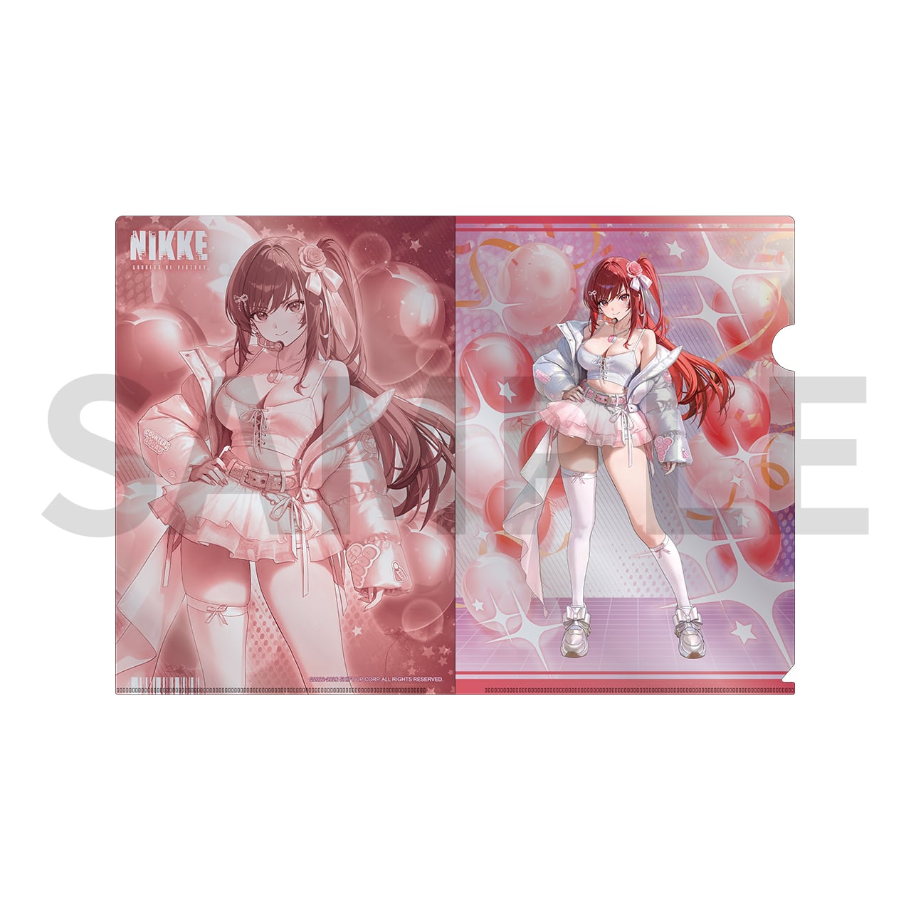 Metallic clear file folder showing illustrated front and back artwork of Rapi (Red Hood) from NIKKE with a red-themed background.