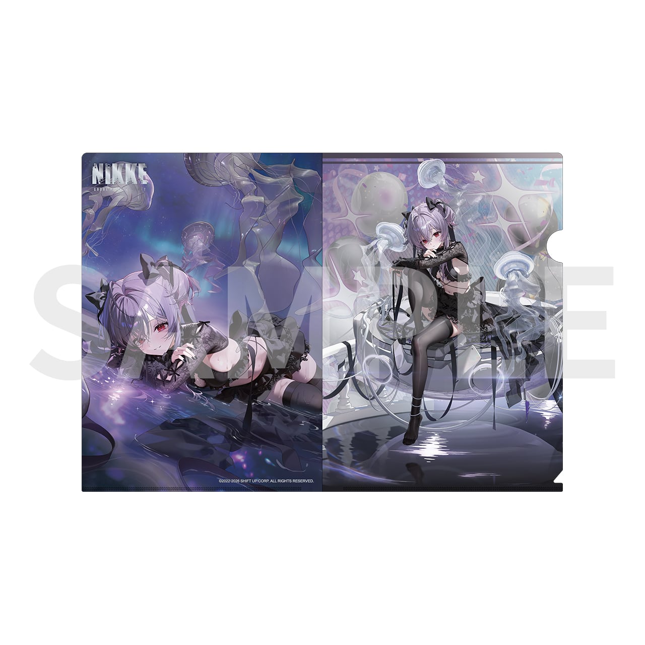 Clear file folder showing two-panel artwork of the NIKKE character リバーレリオ in a purple, watery-themed scene.