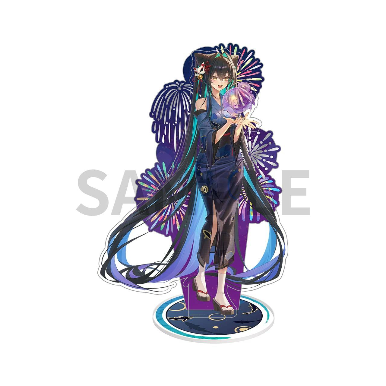 A NIKKE acrylic stand showing a full-body illustrated character in a dark blue kimono-style outfit holding a translucent orb, with a round decorative base and fireworks background.