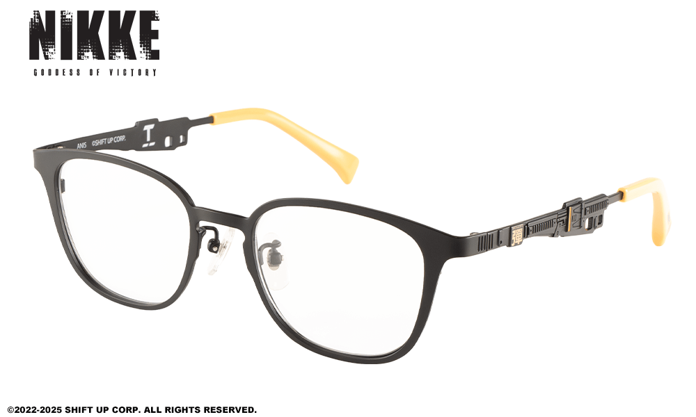 Close-up photo of the NIKKE Anis model plastic eyeglasses with black frames and yellow temple tips on a white background.