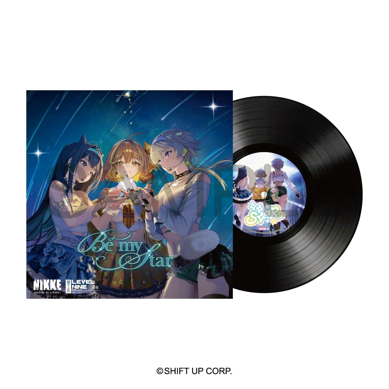 LP vinyl record with its illustrated jacket showing three characters under a starry sky and the text “Be my Star.”