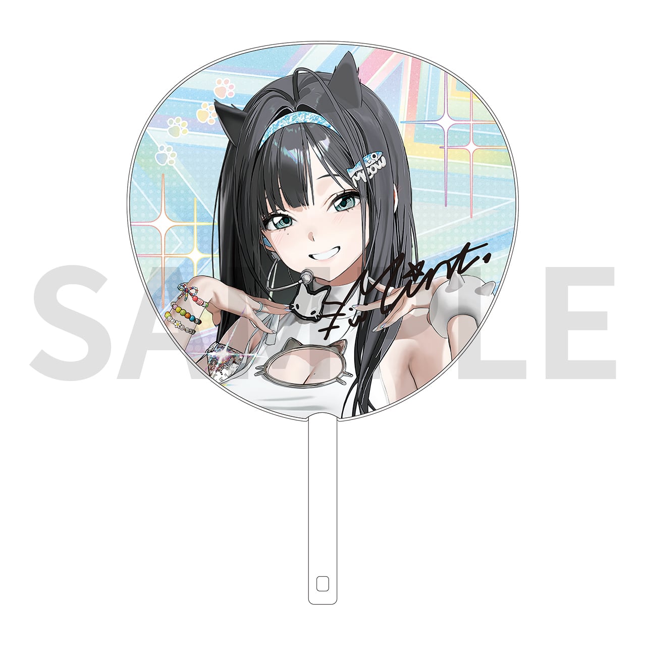 Front side of the big paper uchiwa fan showing an illustrated NIKKE character (Mint) printed on the fan with the handle visible.