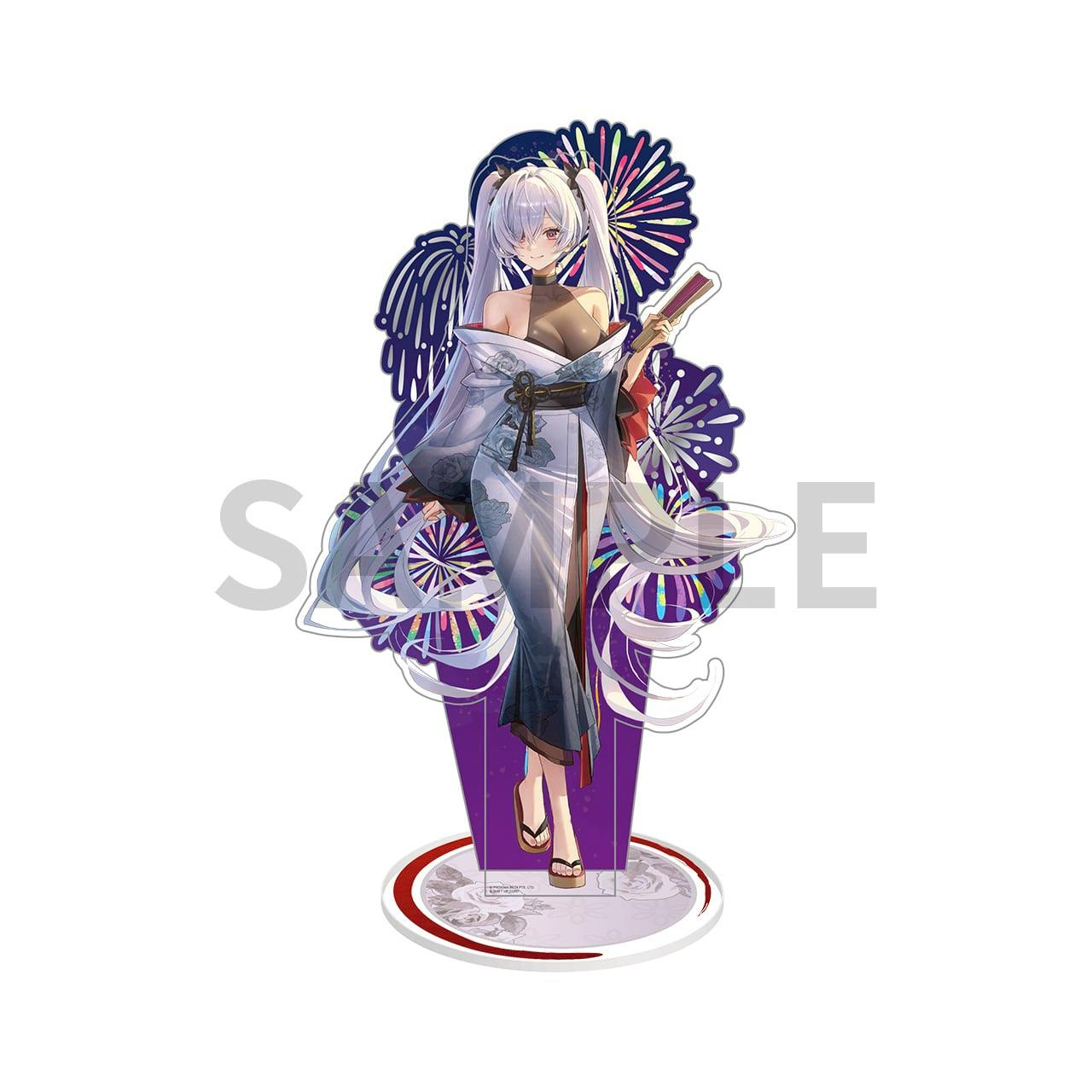 A full-color acrylic decorative stand showing the NIKKE character Cinderella in a kimono with a fireworks background and a round base.
