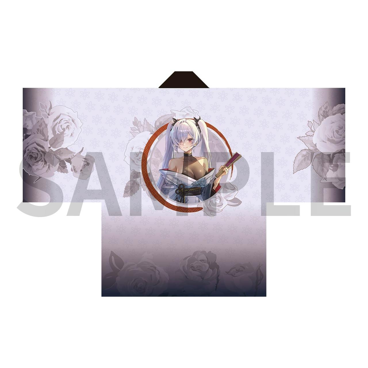 Flat mockup front view of a men's haori with a pale floral background and a central anime-style character illustration holding a fan.