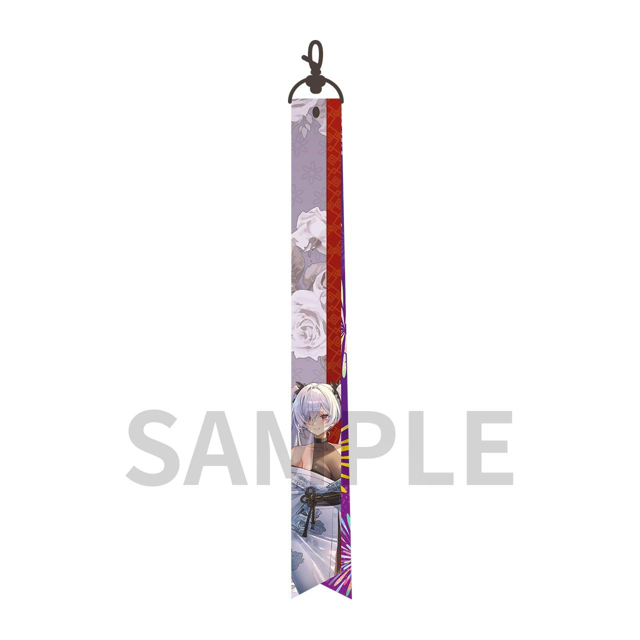 Front view of the NIKKE Cinderella ribbon strap keychain showing the metal clasp and character artwork printed along the ribbon.
