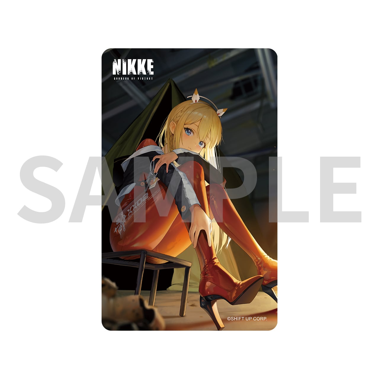 Rectangular sticker depicting a seated blonde character from NIKKE wearing red boots and stockings, with the NIKKE logo at the top.