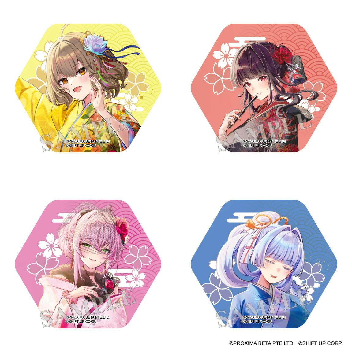 Four hexagonal can badge illustrations from the NIKKE in 京都 推し旅 A set, showing the characters Anis: Star, Sakura, Velvet, and Nayuta in colorful outfits arranged in a 2×2 grid.