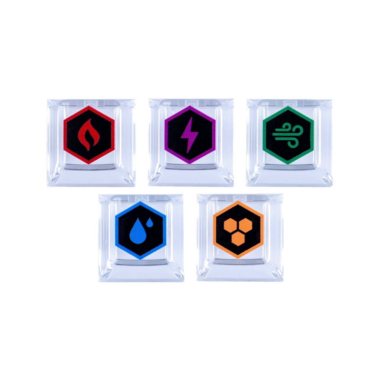 Five clear NIKKE keycaps showing colored hexagonal icons — flame, lightning bolt, wind swirl, water droplet, and three-hexagon cluster — on a white background.