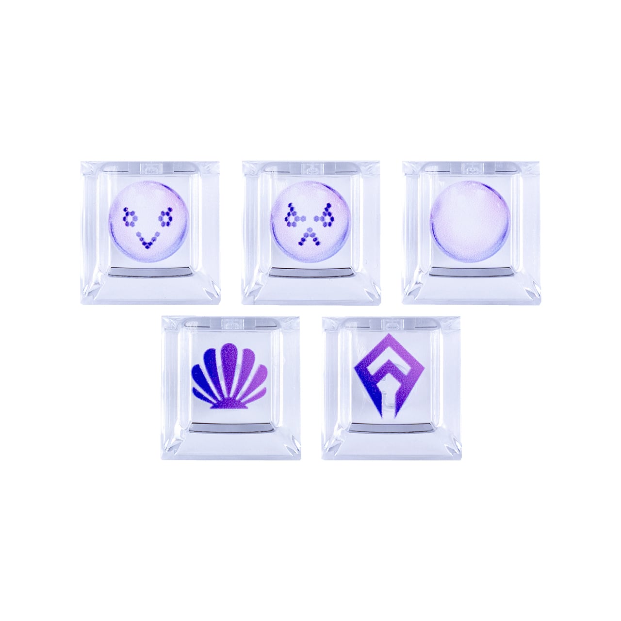 Five transparent keycaps from the NIKKE “Little Mermaid” keycap set with purple icons on a white background.