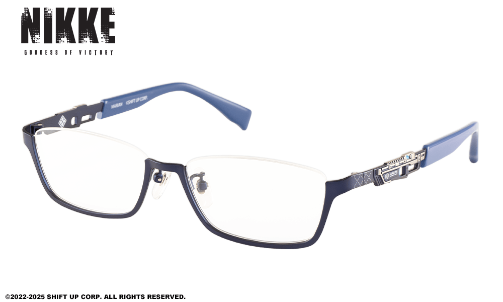 Blue metal-framed rectangular corrective glasses with clear lenses and decorative temple details on a white background.