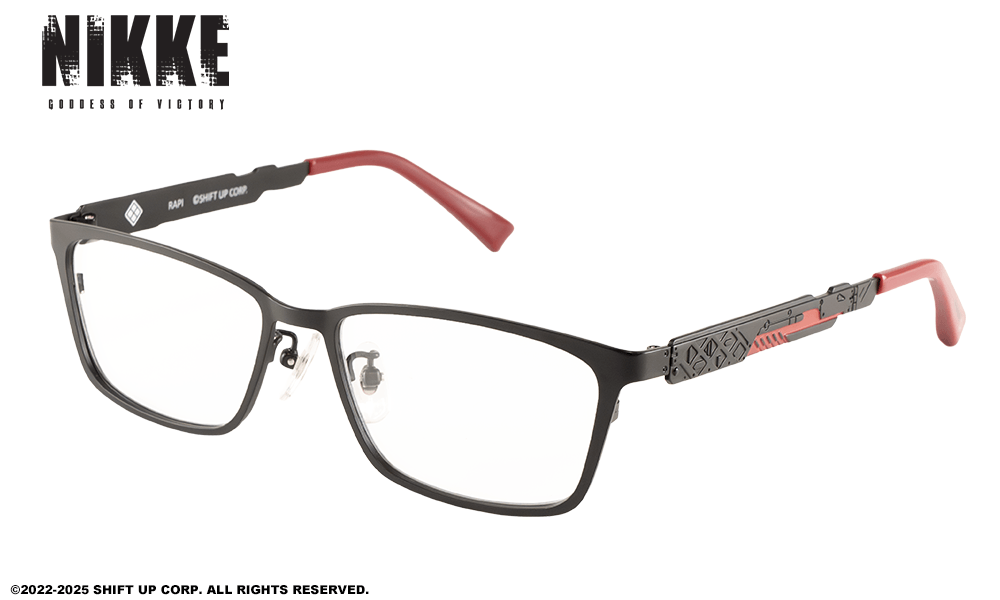 Close-up photo of the NIKKE Rapi model plastic eyeglasses with black rectangular frames and red temple tips.