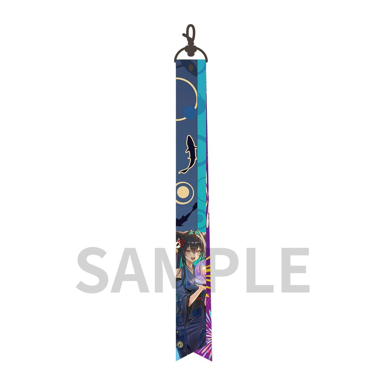 A NIKKE ribbon strap keychain (Little Mermaid) showing the printed blue ribbon with a metal clasp and partial character artwork.