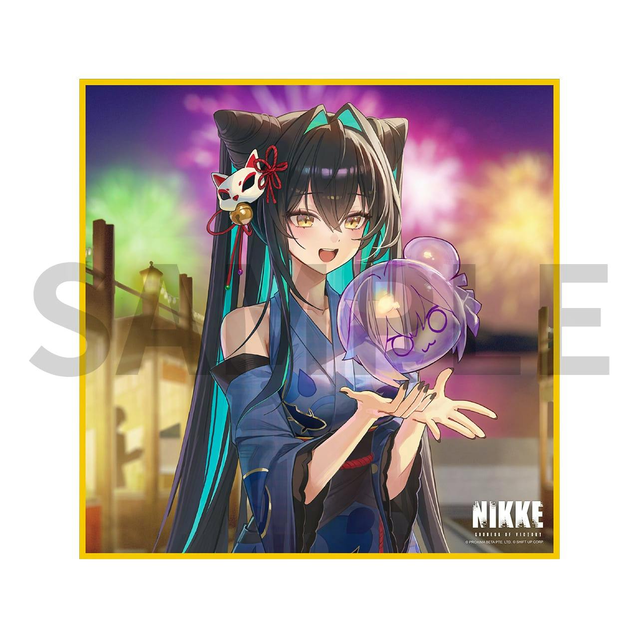 Color art print of a NIKKE character in a blue kimono holding a transparent bubble with a chibi face, with fireworks in the background and a NIKKE logo in the corner.