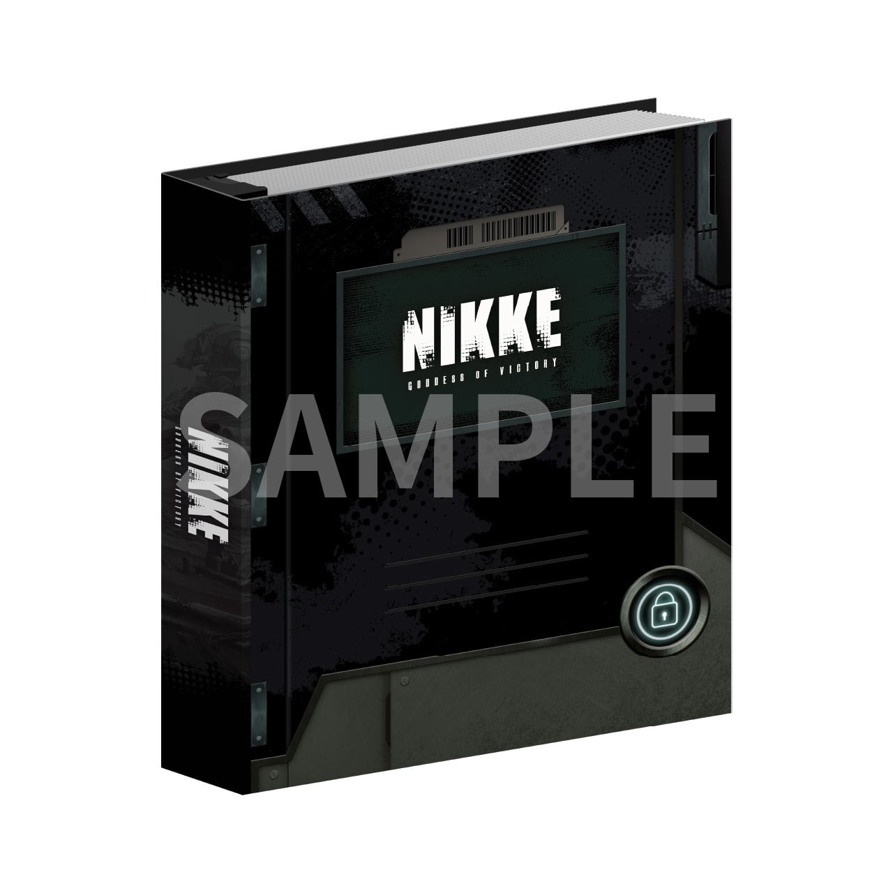 Black NIKKE card storage file binder shown with a SAMPLE watermark.