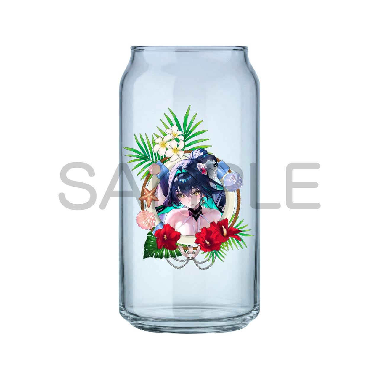 Clear glass drinking cup showing printed Little Mermaid (Shell Princess) character artwork framed by tropical flowers.