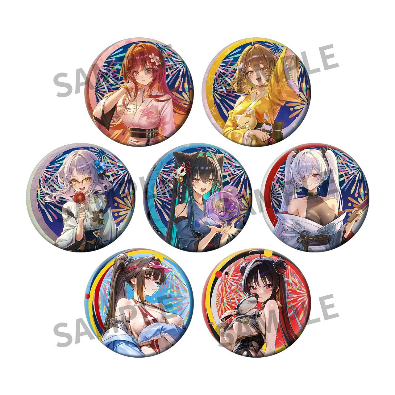 Eight NIKKE trading can badges showing illustrated characters arranged on a white background with a SAMPLE watermark.