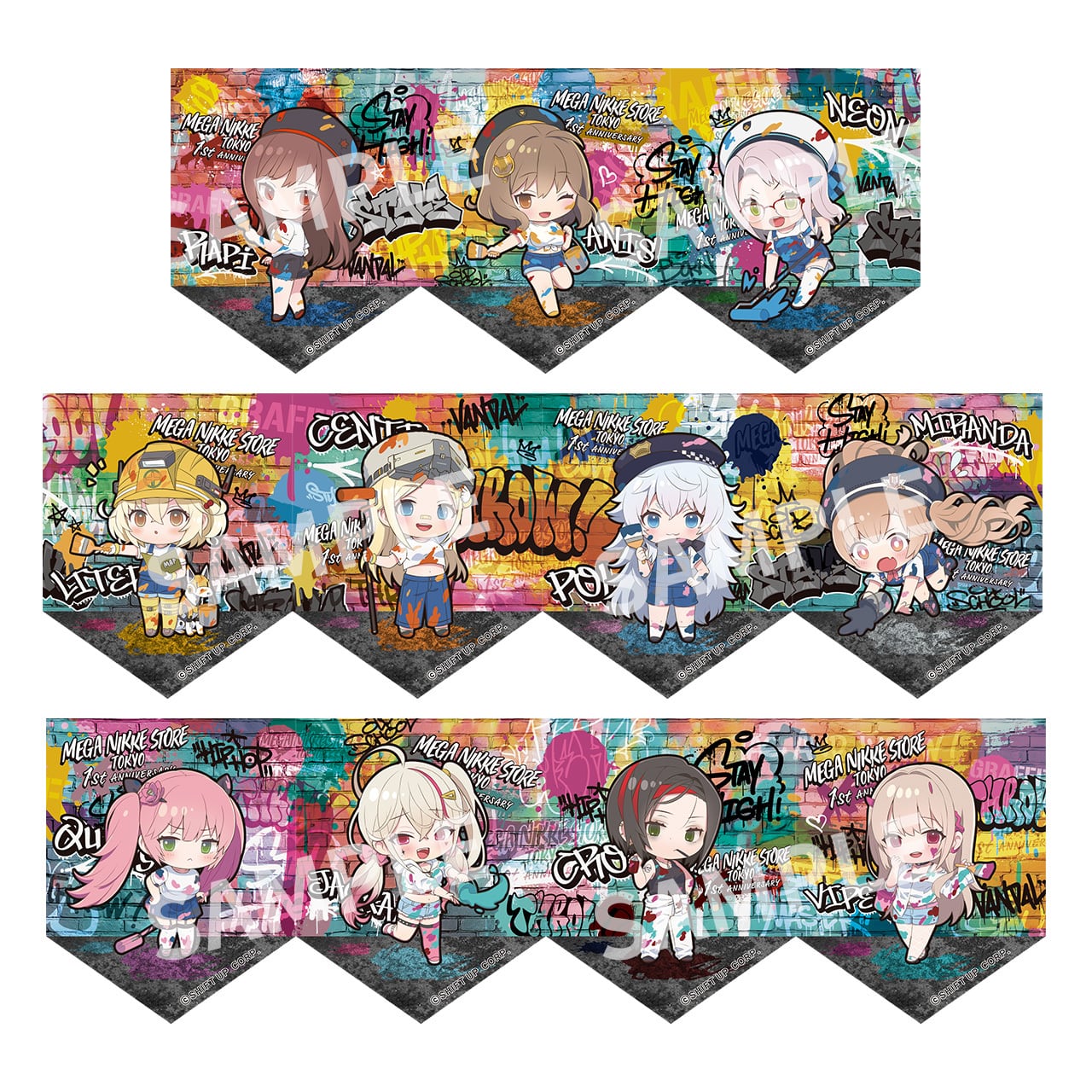 Set of illustrated mini pennants showing chibi NIKKE characters against colorful graffiti-style backgrounds.