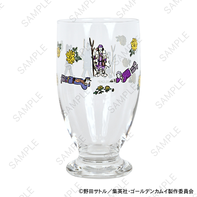 Clear drinking glass with printed character illustrations and yellow flowers on a white background.