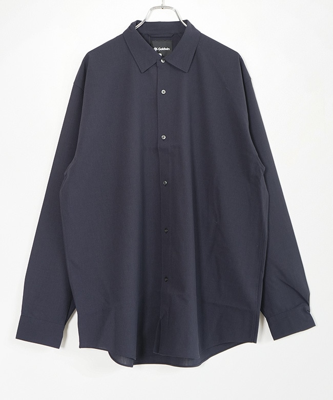Front view of the Goldwin High Twisted Wool Relax Shirt, a dark long-sleeve button-up shirt, hanging on a hanger against a white background.