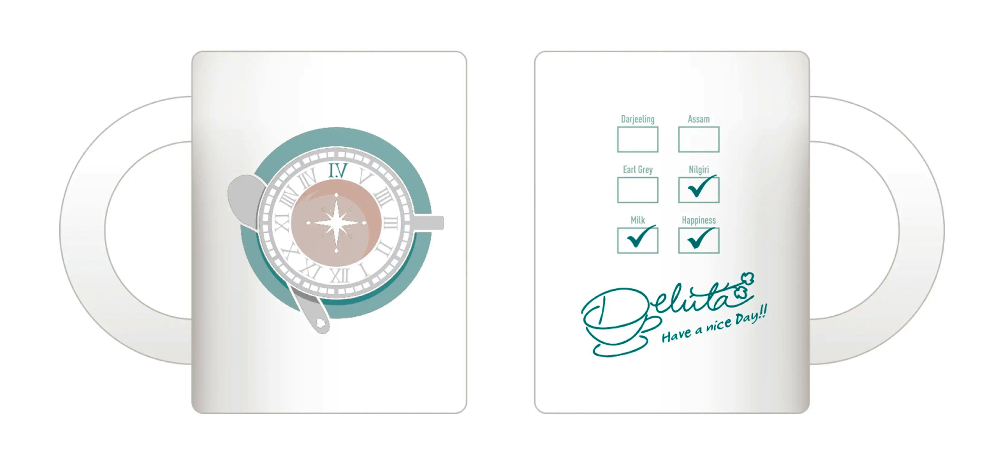 White ceramic mug mockup showing a compass-style circular teal design on one side and a checklist with "Deluita Have a nice Day!!" text on the other.
