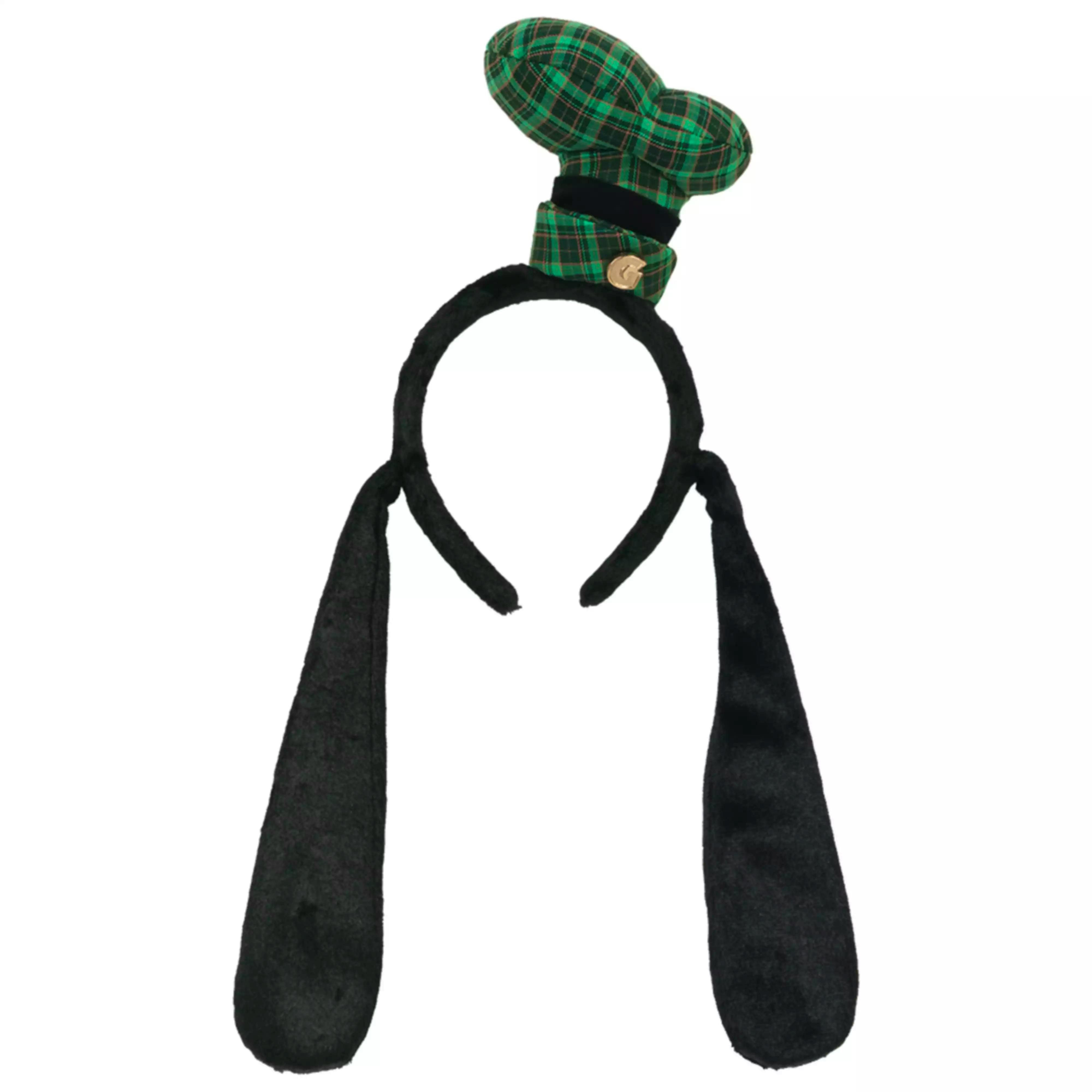 A Goofy headband showing a green plaid hat detail attached to a black plush headband.